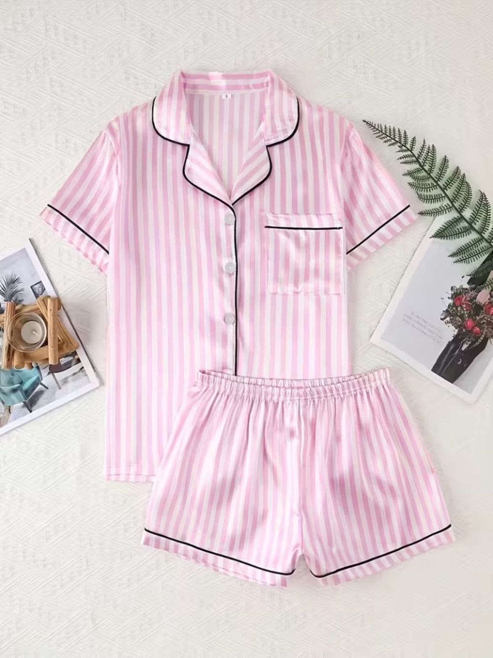 Summer Women's Loose Pinstripe Home Wear Pajamas Short-Sleeved Cardigan Elastic